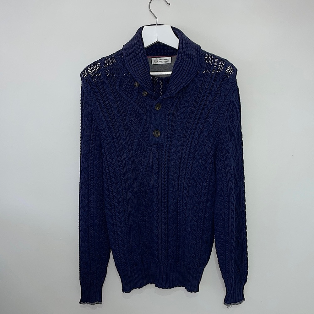 BRUNELLO CUCINELLI Size
L Navy Cable Knit Cotton 
Polyamide Shawl Collar
Sweater